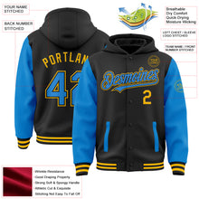Load image into Gallery viewer, Custom Black Powder Blue-Gold Bomber Full-Snap Varsity Letterman Two Tone Hoodie Jacket
