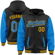 Load image into Gallery viewer, Custom Black Powder Blue-Gold Bomber Full-Snap Varsity Letterman Two Tone Hoodie Jacket
