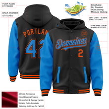 Load image into Gallery viewer, Custom Black Powder Blue-Orange Bomber Full-Snap Varsity Letterman Two Tone Hoodie Jacket

