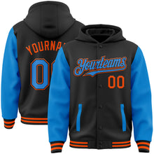 Load image into Gallery viewer, Custom Black Powder Blue-Orange Bomber Full-Snap Varsity Letterman Two Tone Hoodie Jacket
