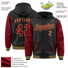 Load image into Gallery viewer, Custom Black Crimson-Old Gold Bomber Full-Snap Varsity Letterman Two Tone Hoodie Jacket
