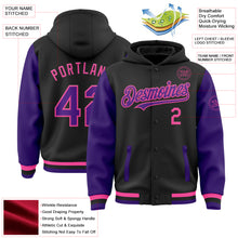 Load image into Gallery viewer, Custom Black Purple-Pink Bomber Full-Snap Varsity Letterman Two Tone Hoodie Jacket
