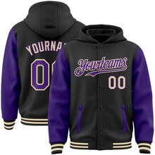 Load image into Gallery viewer, Custom Black Purple-Cream Bomber Full-Snap Varsity Letterman Two Tone Hoodie Jacket

