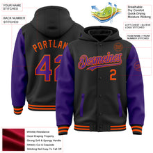 Load image into Gallery viewer, Custom Black Purple-Orange Bomber Full-Snap Varsity Letterman Two Tone Hoodie Jacket
