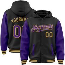 Load image into Gallery viewer, Custom Black Purple-Old Gold Bomber Full-Snap Varsity Letterman Two Tone Hoodie Jacket
