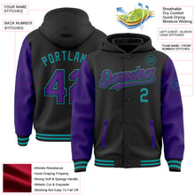 Load image into Gallery viewer, Custom Black Purple-Teal Bomber Full-Snap Varsity Letterman Two Tone Hoodie Jacket
