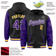 Load image into Gallery viewer, Custom Black Purple-Gold Bomber Full-Snap Varsity Letterman Two Tone Hoodie Jacket
