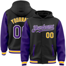 Load image into Gallery viewer, Custom Black Purple-Gold Bomber Full-Snap Varsity Letterman Two Tone Hoodie Jacket
