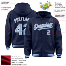 Load image into Gallery viewer, Custom Navy Light Blue-White Bomber Full-Snap Varsity Letterman Hoodie Jacket
