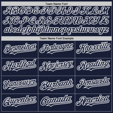 Load image into Gallery viewer, Custom Navy White-Gray Bomber Full-Snap Varsity Letterman Hoodie Jacket
