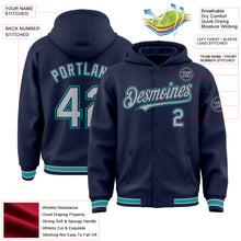 Load image into Gallery viewer, Custom Navy Gray-Teal Bomber Full-Snap Varsity Letterman Hoodie Jacket
