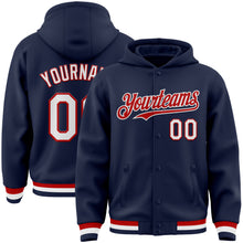 Load image into Gallery viewer, Custom Navy White-Red Bomber Full-Snap Varsity Letterman Hoodie Jacket
