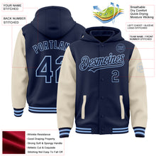 Load image into Gallery viewer, Custom Navy Cream-Light Blue Bomber Full-Snap Varsity Letterman Two Tone Hoodie Jacket
