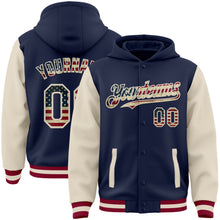 Load image into Gallery viewer, Custom Navy Vintage USA Flag Cream-Maroon Bomber Full-Snap Varsity Letterman Two Tone Hoodie Jacket
