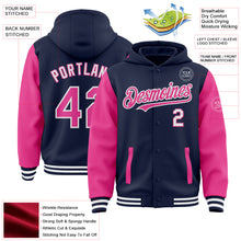 Load image into Gallery viewer, Custom Navy Pink-White Bomber Full-Snap Varsity Letterman Two Tone Hoodie Jacket
