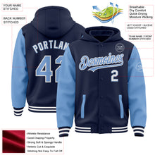 Load image into Gallery viewer, Custom Navy Light Blue-White Bomber Full-Snap Varsity Letterman Two Tone Hoodie Jacket
