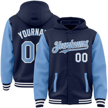Load image into Gallery viewer, Custom Navy Light Blue-White Bomber Full-Snap Varsity Letterman Two Tone Hoodie Jacket
