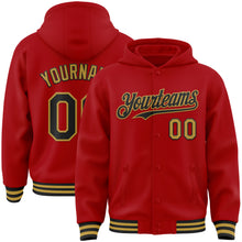 Load image into Gallery viewer, Custom Red Black-Old Gold Bomber Full-Snap Varsity Letterman Hoodie Jacket
