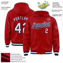 Load image into Gallery viewer, Custom Red White-Navy Bomber Full-Snap Varsity Letterman Hoodie Jacket
