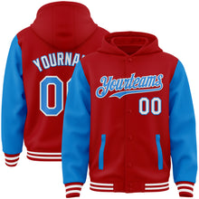 Load image into Gallery viewer, Custom Red Powder Blue-White Bomber Full-Snap Varsity Letterman Two Tone Hoodie Jacket
