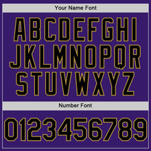 Load image into Gallery viewer, Custom Purple Black Cream-Old Gold Bomber Full-Snap Varsity Letterman Two Tone Hoodie Jacket
