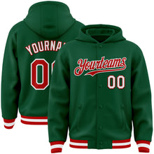 Load image into Gallery viewer, Custom Kelly Green Red-White Bomber Full-Snap Varsity Letterman Hoodie Jacket
