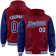 Load image into Gallery viewer, Custom Crimson Royal-White Bomber Full-Snap Varsity Letterman Two Tone Hoodie Jacket
