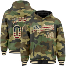 Load image into Gallery viewer, Custom Camo Vintage USA Flag Cream-Black 3D Bomber Full-Snap Varsity Letterman Salute To Service Hoodie Jacket
