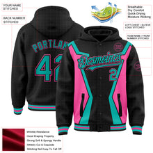 Load image into Gallery viewer, Custom Black Aqua-Pink Arrow 3D Pattern Design Bomber Full-Snap Varsity Letterman Hoodie Jacket
