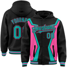 Load image into Gallery viewer, Custom Black Aqua-Pink Arrow 3D Pattern Design Bomber Full-Snap Varsity Letterman Hoodie Jacket
