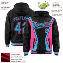Load image into Gallery viewer, Custom Black Sky Blue-Pink Arrow 3D Pattern Design Bomber Full-Snap Varsity Letterman Hoodie Jacket
