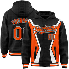 Load image into Gallery viewer, Custom Black Orange-White Arrow 3D Pattern Design Bomber Full-Snap Varsity Letterman Hoodie Jacket
