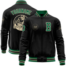 Load image into Gallery viewer, Custom Black Kelly Green-Cream Bomber Varsity Letterman Zipper Jacket
