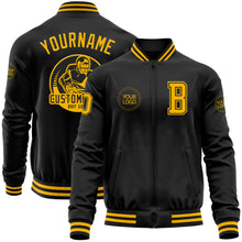 Load image into Gallery viewer, Custom Black Gold Bomber Varsity Letterman Zipper Jacket
