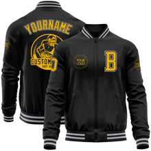 Load image into Gallery viewer, Custom Black Gold-Gray Bomber Varsity Letterman Zipper Jacket

