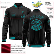 Load image into Gallery viewer, Custom Black Teal Bomber Varsity Letterman Zipper Jacket
