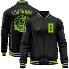 Load image into Gallery viewer, Custom Black Neon Green Bomber Varsity Letterman Zipper Jacket

