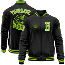 Load image into Gallery viewer, Custom Black Neon Green-White Bomber Varsity Letterman Zipper Jacket
