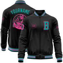 Load image into Gallery viewer, Custom Black Aqua-Pink Bomber Varsity Letterman Zipper Jacket
