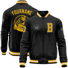 Load image into Gallery viewer, Custom Black Gold-White Bomber Varsity Letterman Zipper Jacket

