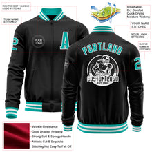 Load image into Gallery viewer, Custom Black Aqua-White Bomber Varsity Letterman Zipper Jacket
