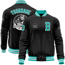 Load image into Gallery viewer, Custom Black Aqua-White Bomber Varsity Letterman Zipper Jacket
