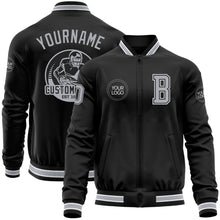 Load image into Gallery viewer, Custom Black Gray-White Bomber Varsity Letterman Zipper Jacket
