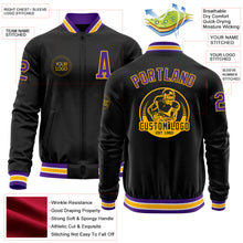Load image into Gallery viewer, Custom Black Purple-Gold Bomber Varsity Letterman Zipper Jacket
