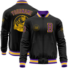 Load image into Gallery viewer, Custom Black Purple-Gold Bomber Varsity Letterman Zipper Jacket
