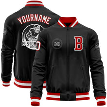 Load image into Gallery viewer, Custom Black Red-White Bomber Varsity Letterman Zipper Jacket
