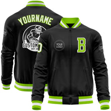 Load image into Gallery viewer, Custom Black Neon Green-White Bomber Varsity Letterman Zipper Jacket
