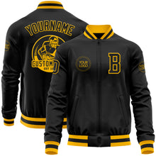 Load image into Gallery viewer, Custom Black Gold Bomber Varsity Letterman Zipper Jacket
