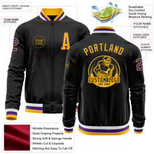Load image into Gallery viewer, Custom Black Gold-Purple Bomber Varsity Letterman Zipper Jacket
