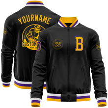 Load image into Gallery viewer, Custom Black Gold-Purple Bomber Varsity Letterman Zipper Jacket

